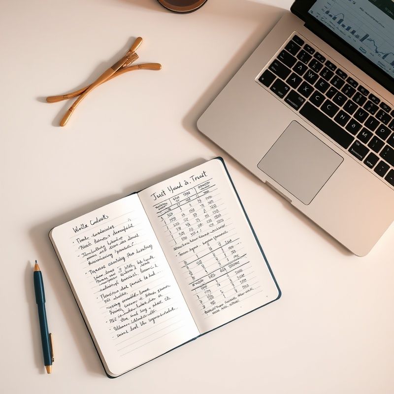 Notebook s ručně psanými finančními poznámkami vedle notebooku s grafy